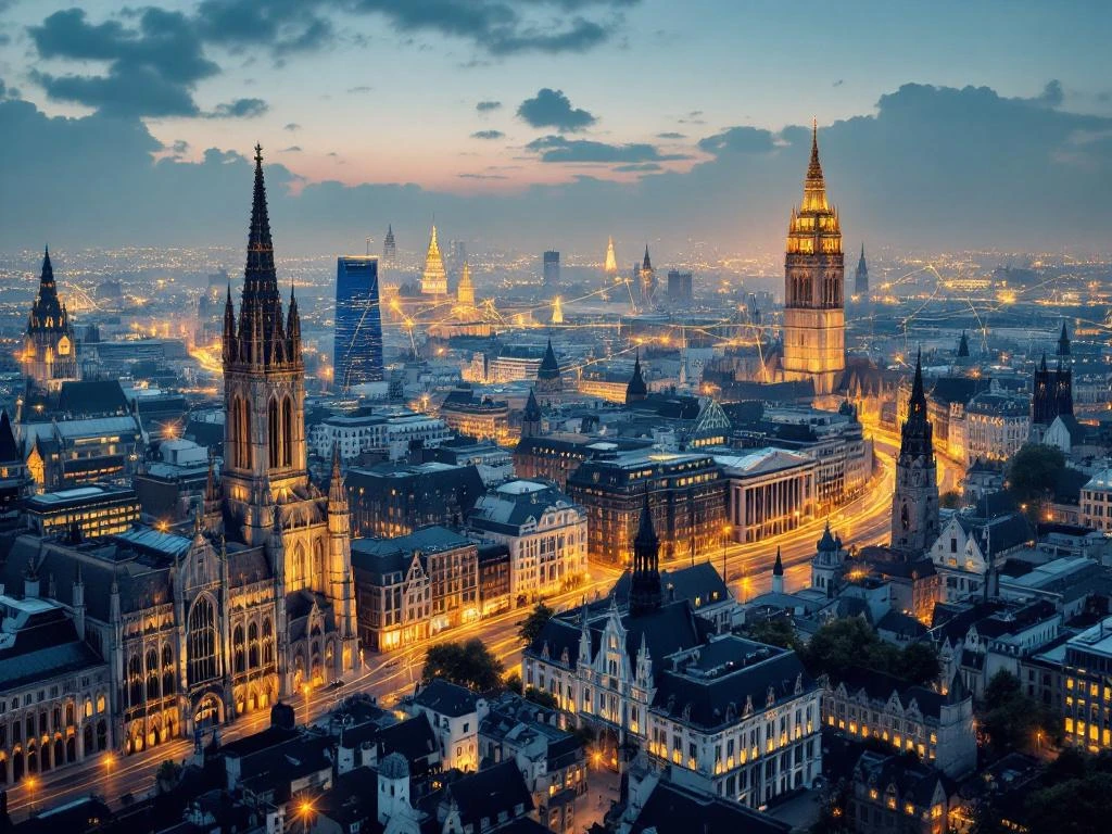 Aerial view of European cityscape with Gothic spires and modern buildings connected by golden light trails at sunset.