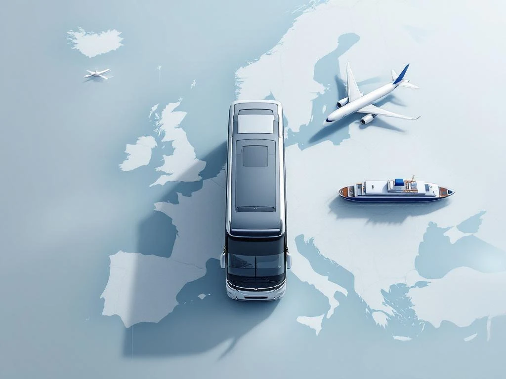 Modern coach bus surrounded by high-speed train, aircraft, and ferry in aerial view over European map background