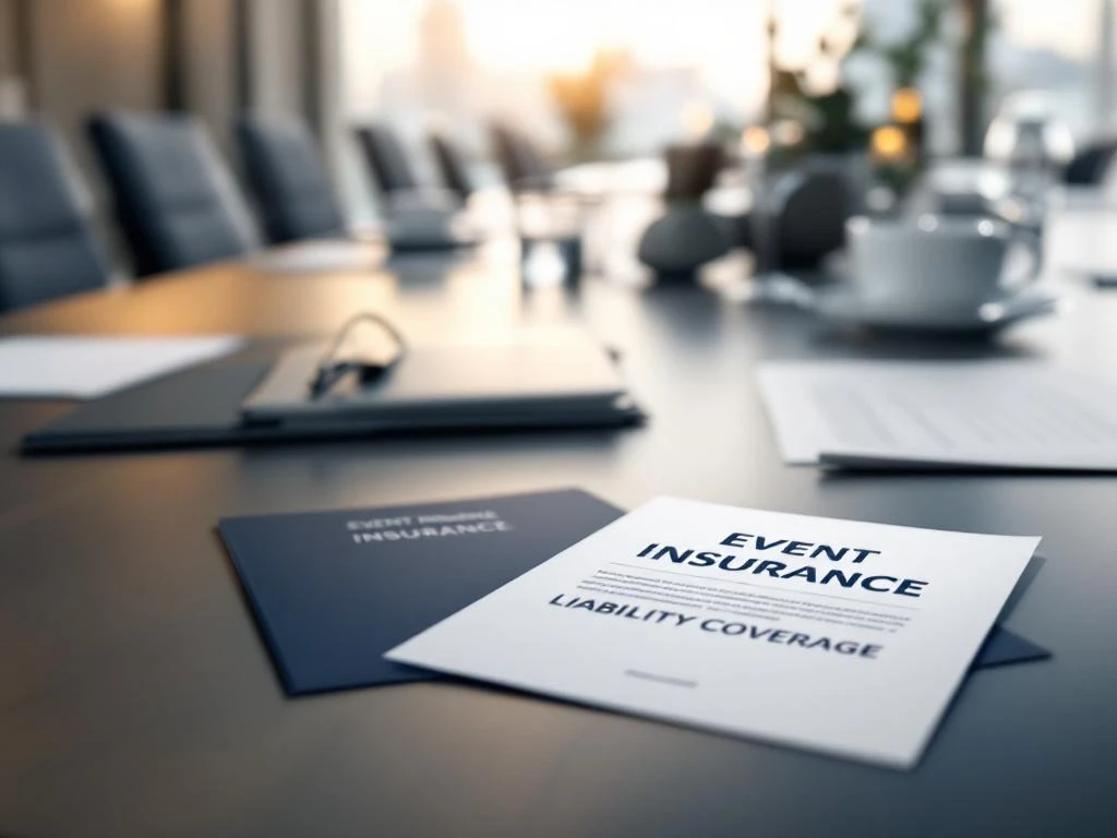 Conference room table with event insurance documents and liability coverage papers scattered across surface in professional office setting.