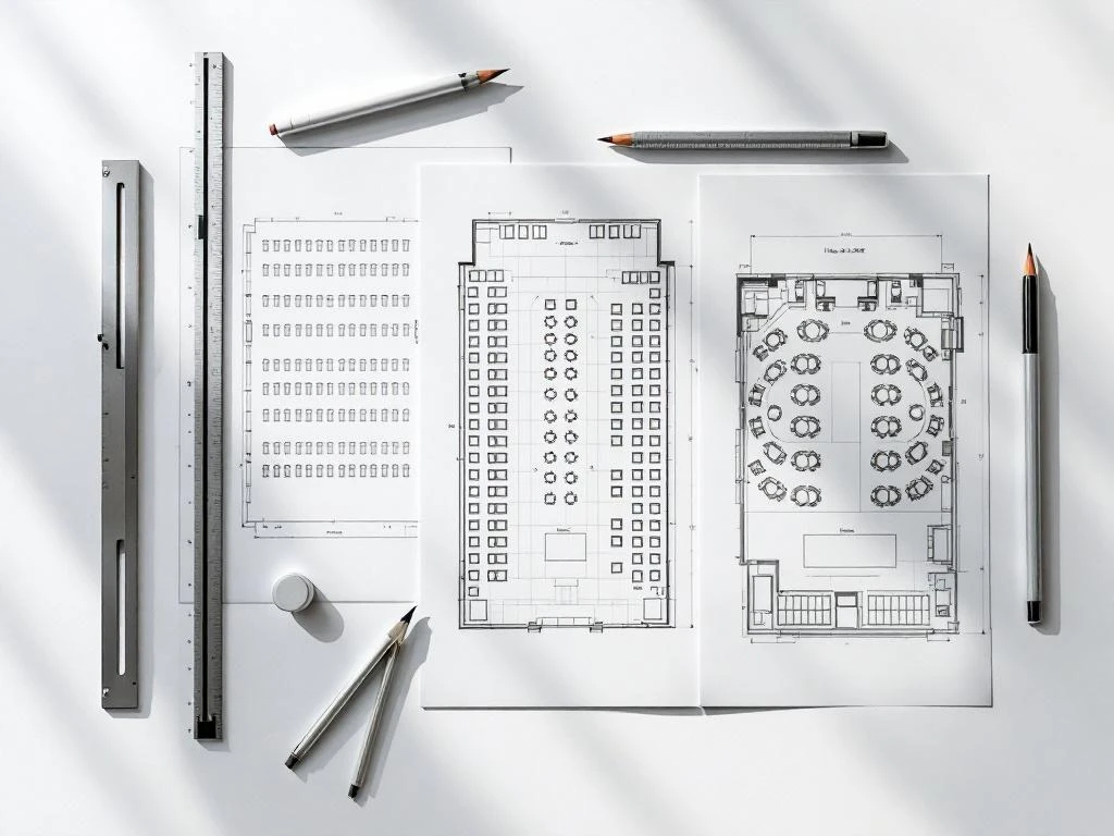 Three event layout blueprints showing theater, banquet, and U-shaped seating arrangements with architectural tools on white surface