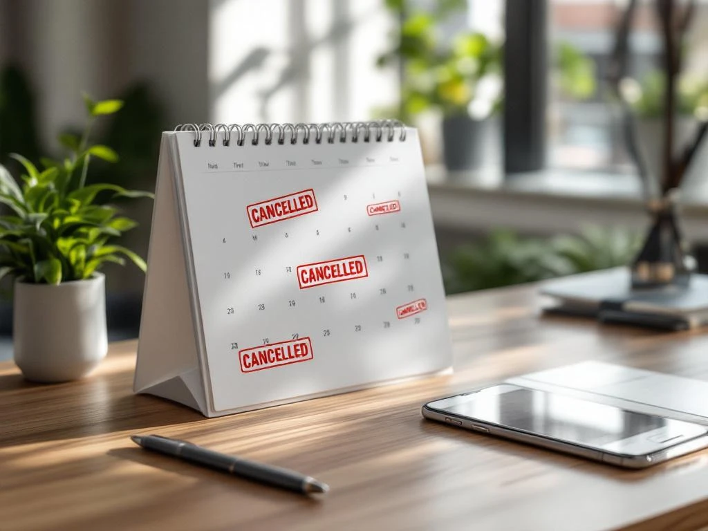 Modern calendar with red cancelled stamps next to smartphone showing rescheduling app on minimalist wooden desk