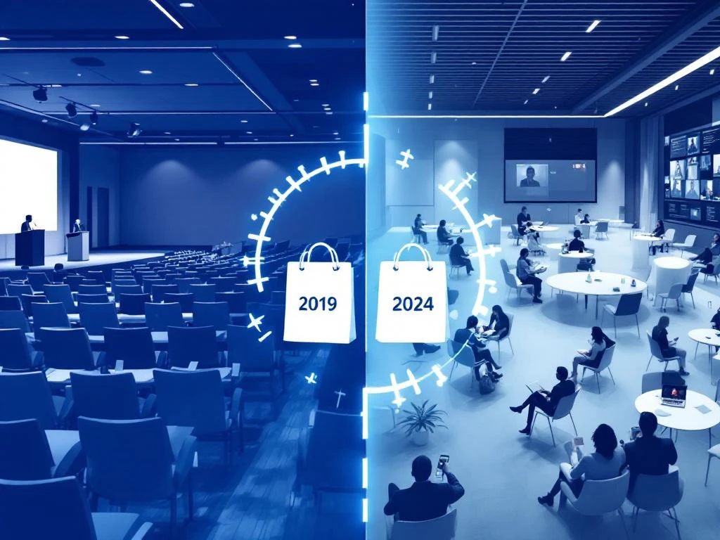 Split-screen showing event management evolution: traditional 2019 conference room versus modern 2024 hybrid setup with video calls and social distancing.