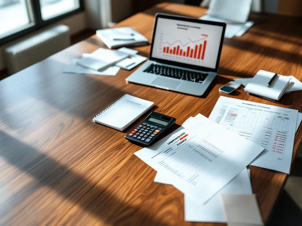 Boardroom table with budget documents, calculators, and laptop showing rising expense charts highlighting unexpected event planning costs