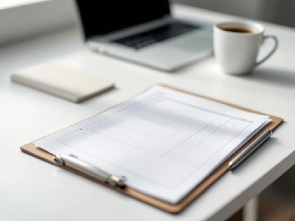 Event planning clipboard with checklist papers and silver pen on organized white desk with laptop in background