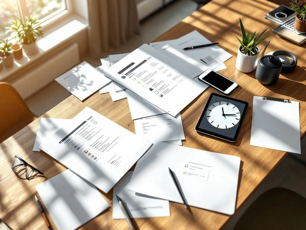 Conference table with analog clock showing 11:55, tablet displaying event schedules, smartphone, and scattered documents in natural lighting.