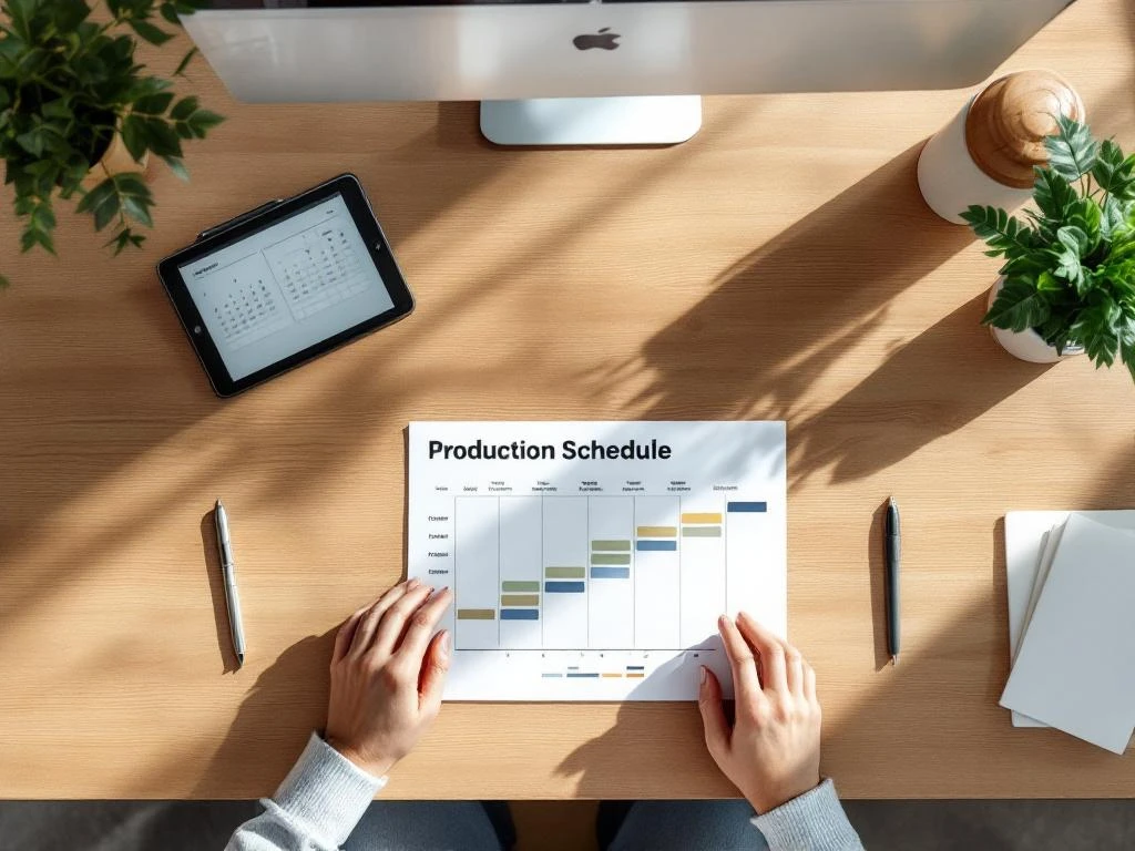 Production schedule chart on wooden desk with tablet, pen, and plant for event planning management