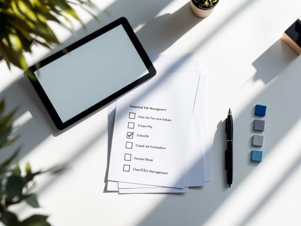 Clean desk with risk management documents, tablet showing event floor plan, checklists, and color-coded notes in organized workspace.