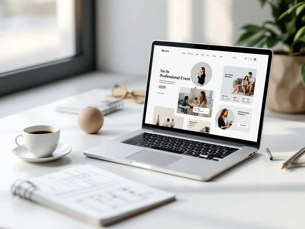 Modern laptop displaying professional event website with booking forms on clean workspace with notepad and coffee cup