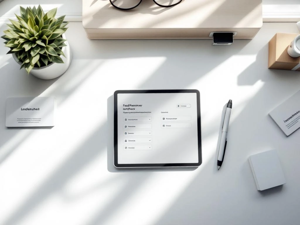 Tablet displaying feedback survey on minimalist office desk with succulent, pen, and business cards in natural lighting.