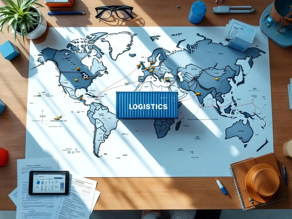 Overhead view of wooden desk with world map showing shipping routes, miniature containers, tablet with logistics icons, and customs documents