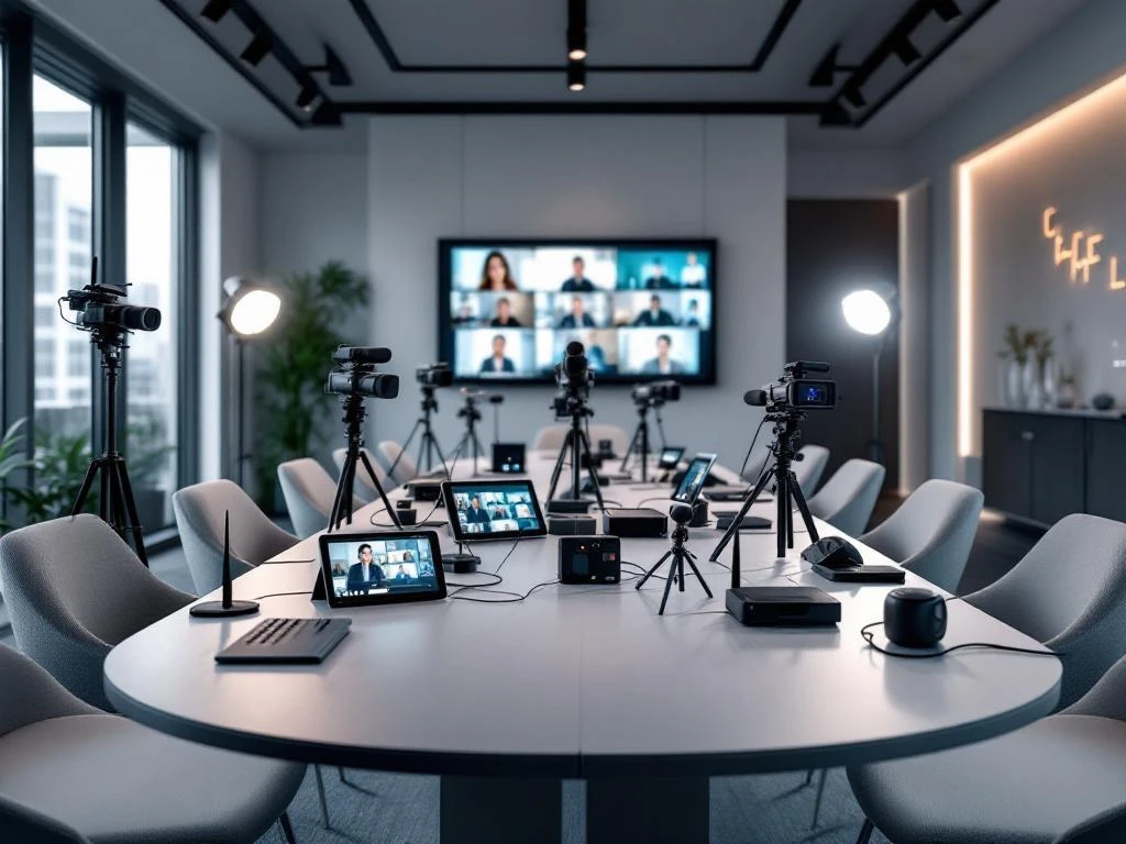 Modern conference room with oval table, professional cameras, wireless microphones, tablets, and LED lighting for hybrid events.