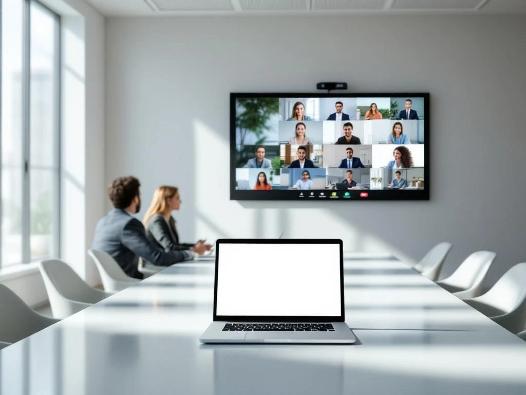 Modern conference room with hybrid meeting setup showing in-person attendees at table and virtual participants on wall screen