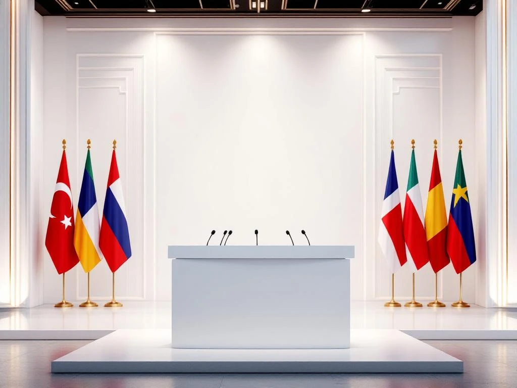Conference podium with microphones in professional international press room featuring country flags and elegant lighting setup