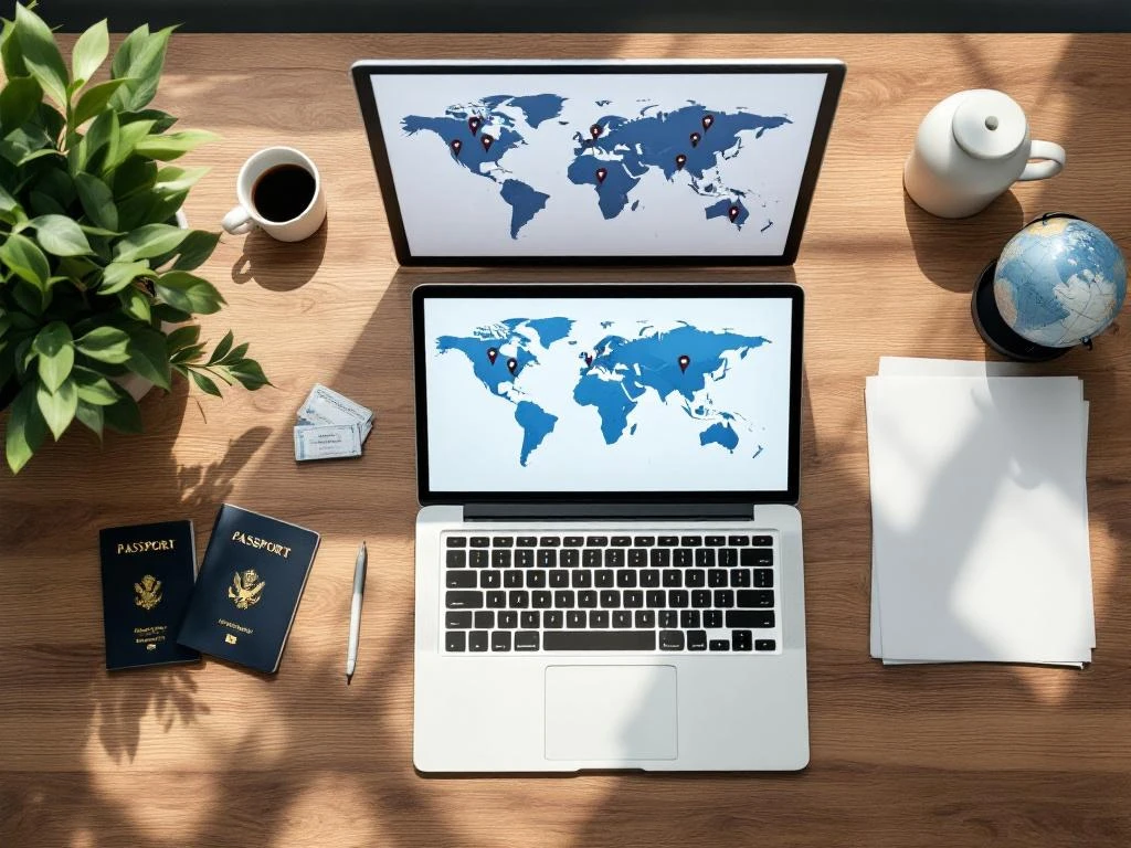 Laptop displaying world map with location pins on wooden desk surrounded by passport, boarding passes, and globe for travel planning.