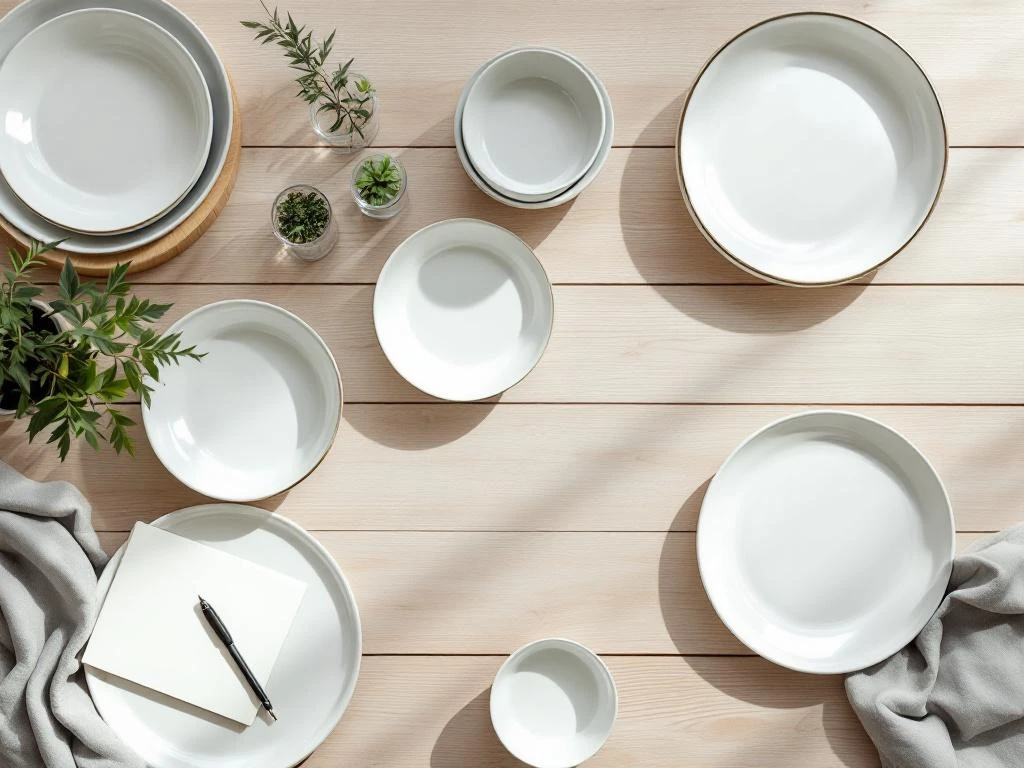 White ceramic serving platters and bowls arranged on wooden table for meal planning with notepad and fresh herbs