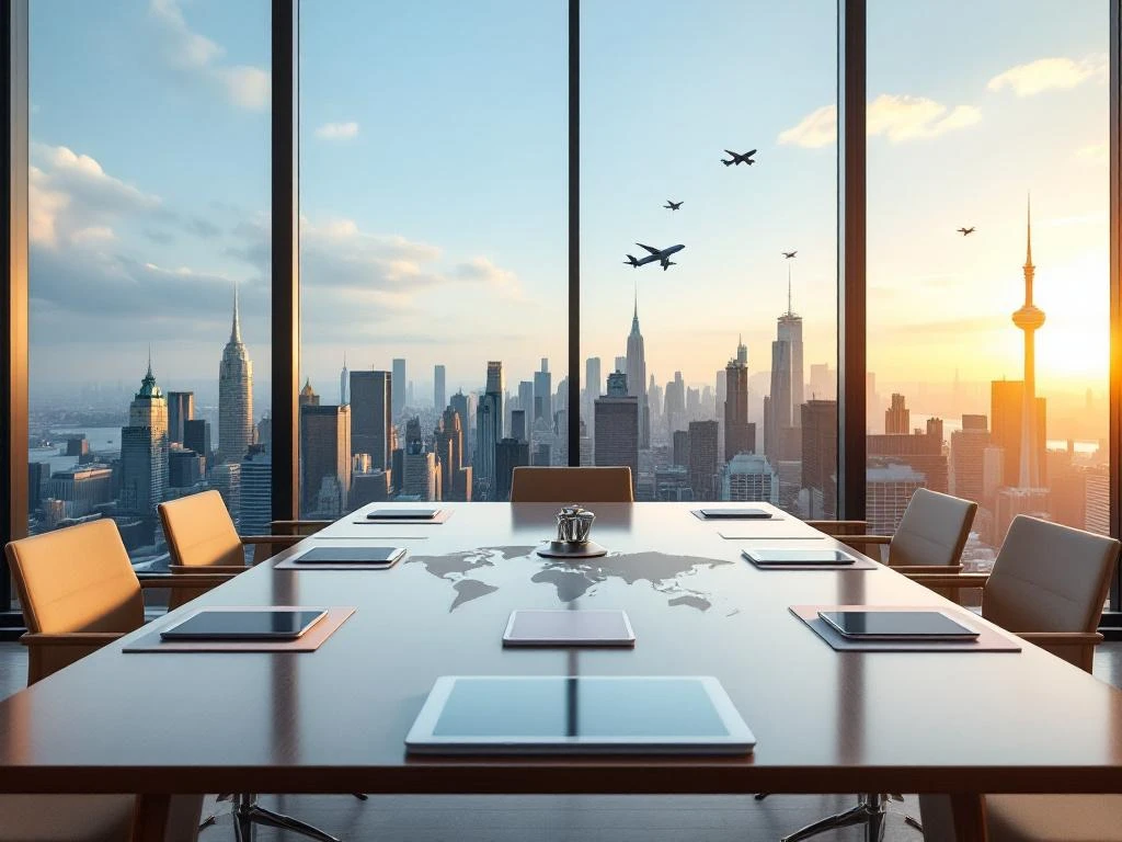 Modern boardroom with city skyline view at sunset, conference table with business documents and world map, contemporary office