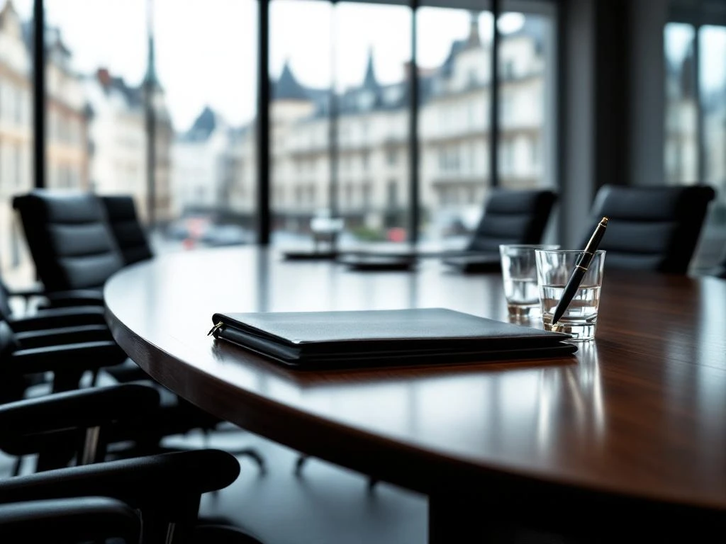 Modern boardroom with oval mahogany table, black leather chairs, and city view through floor-to-ceiling windows