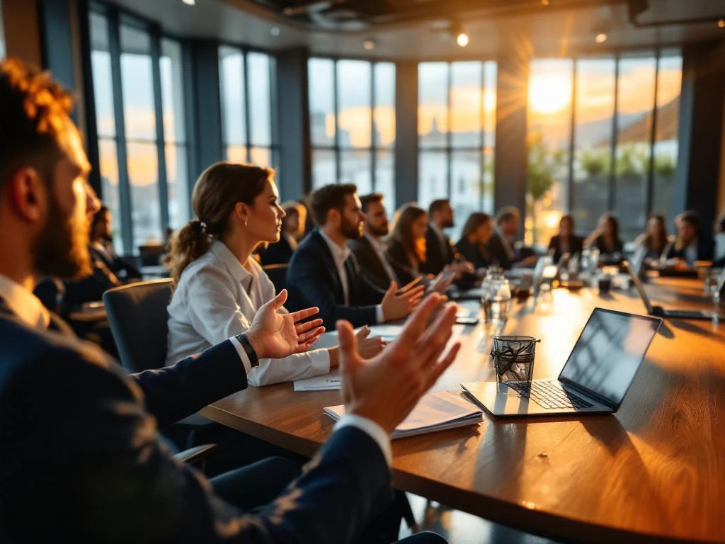 Modern conference room with attendees at laptops, presenter gesturing in foreground, natural lighting through windows