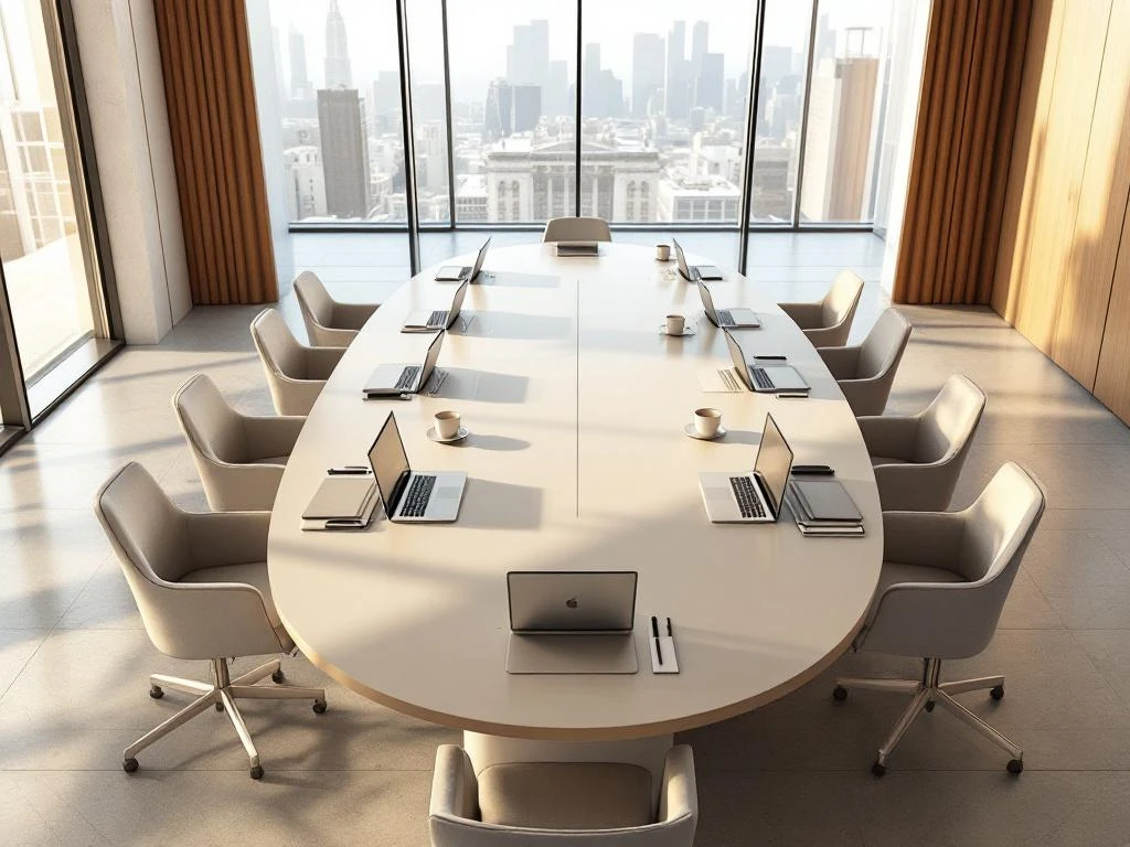 Modern conference room with oval table, laptops, and notebooks, featuring floor-to-ceiling windows and city skyline view.
