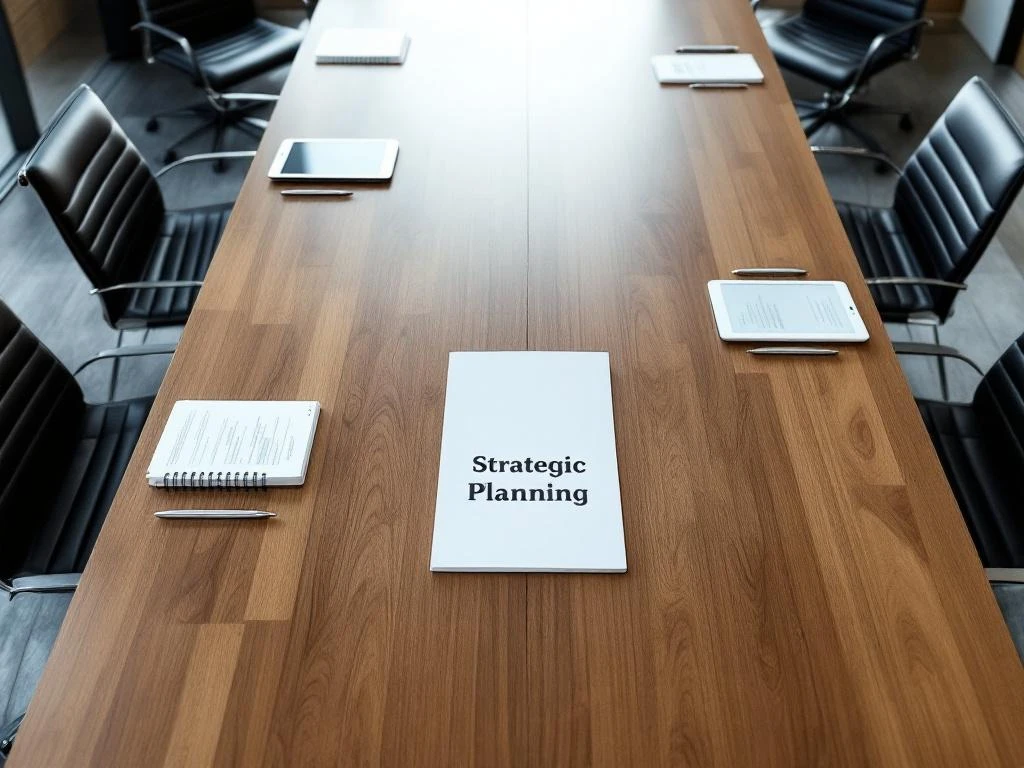 Modern conference room with wooden table, black leather chairs, notebooks, tablets, and open agenda document