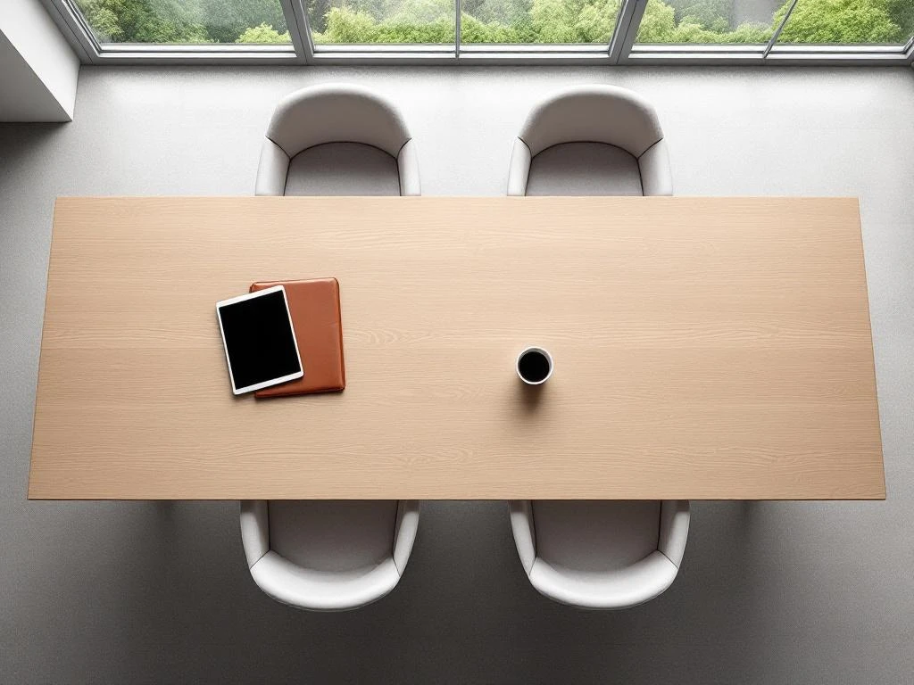Modern conference table with tablet, portfolio, and coffee cup in bright executive office with floor-to-ceiling windows