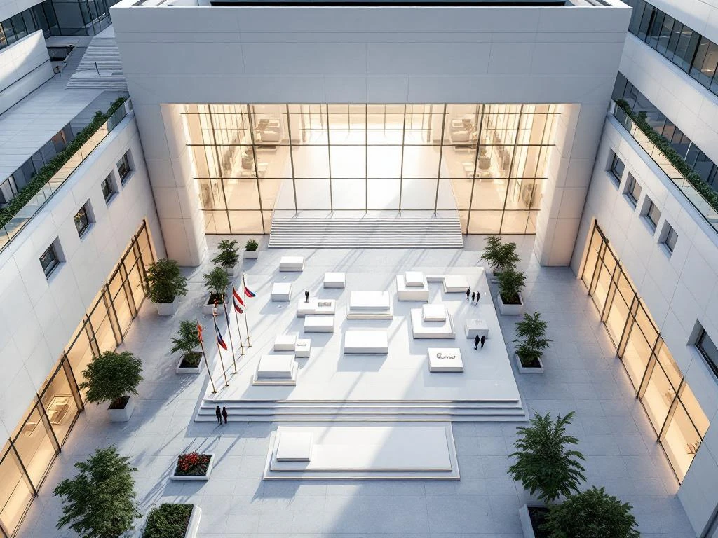 Modern conference venue aerial view with glass auditorium, white staging platforms, and international flags at entrance.