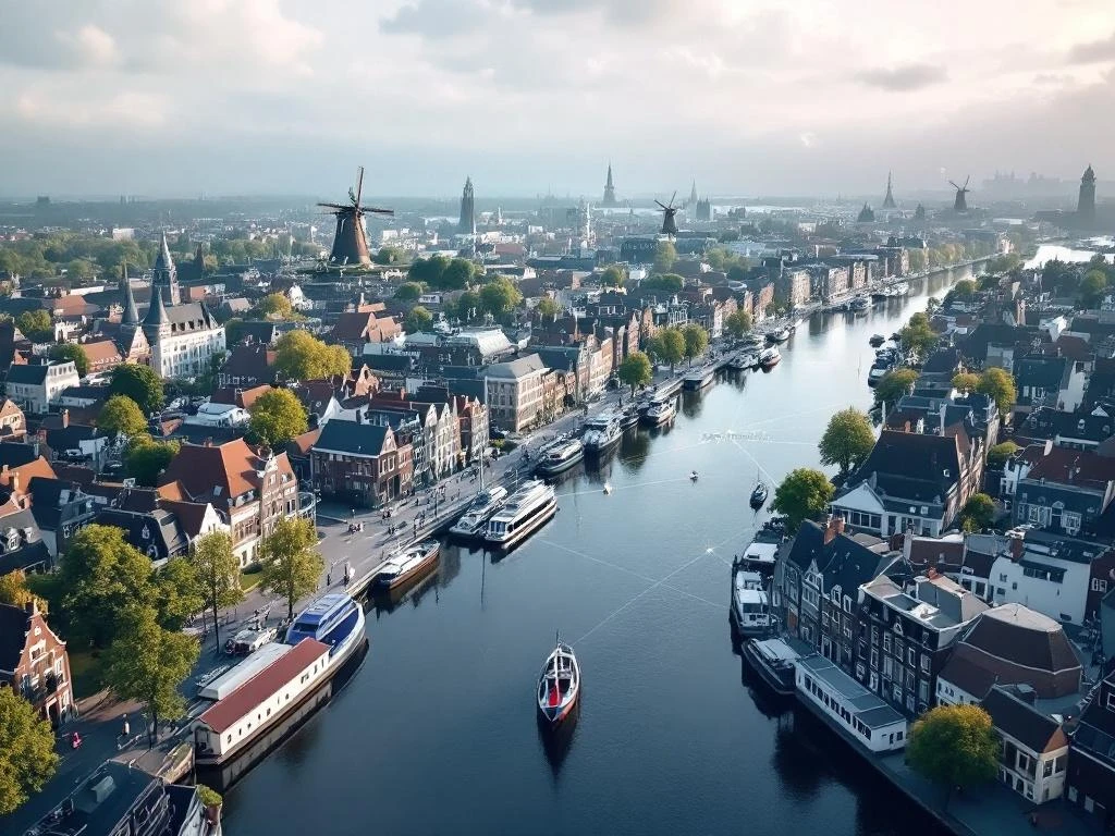 Aerial view of Netherlands showing traditional Dutch canal houses and windmills with European map overlay connecting major MICE cities