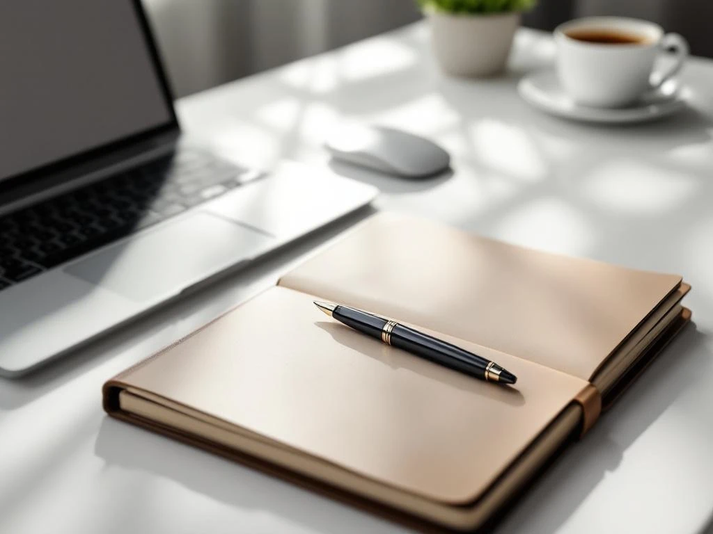 Open leather notebook with handwritten notes beside laptop on white desk with pen, coffee cup, and plant in soft lighting.