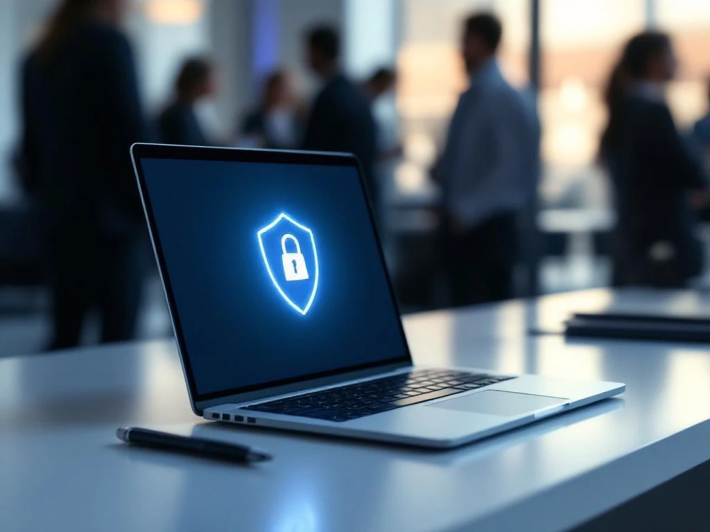 Laptop displaying privacy shield icon on white desk with pen, featuring data protection padlock symbol and blurred event background.