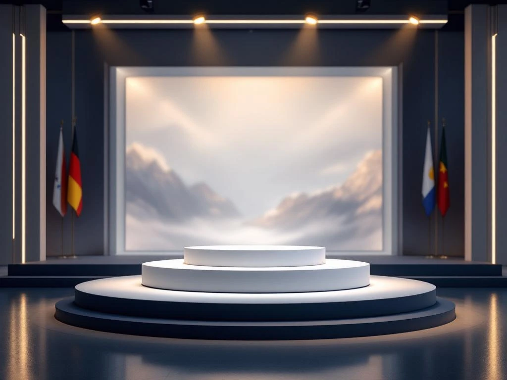 Modern conference stage with illuminated white podium showcasing product silhouette, international flags in background