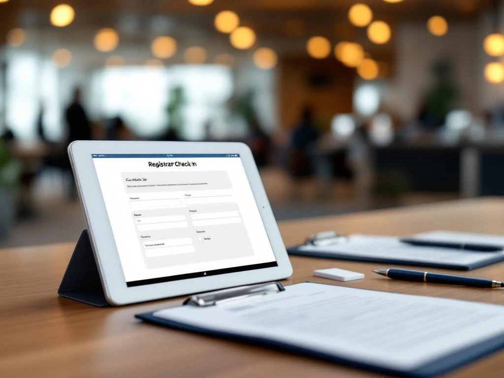 Digital check-in tablet on wooden registration desk with name badges, clipboard, and pens at professional conference venue