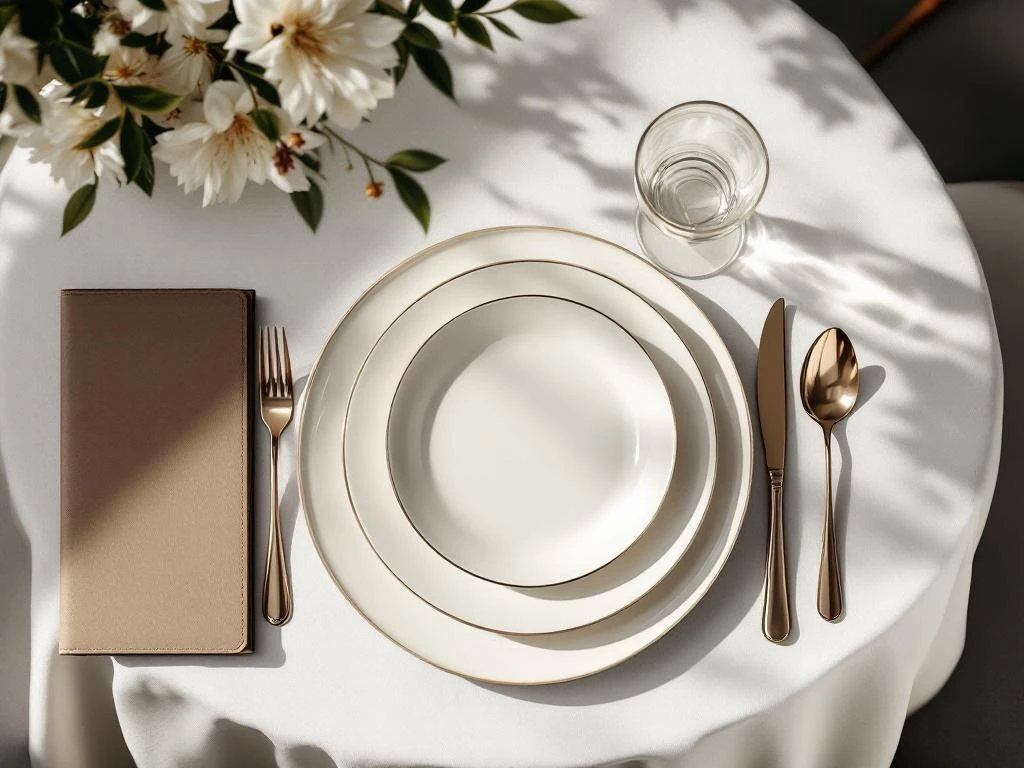 Elegant restaurant table setting with white tablecloth, fine china, crystal glasses, silverware, and open leather menu