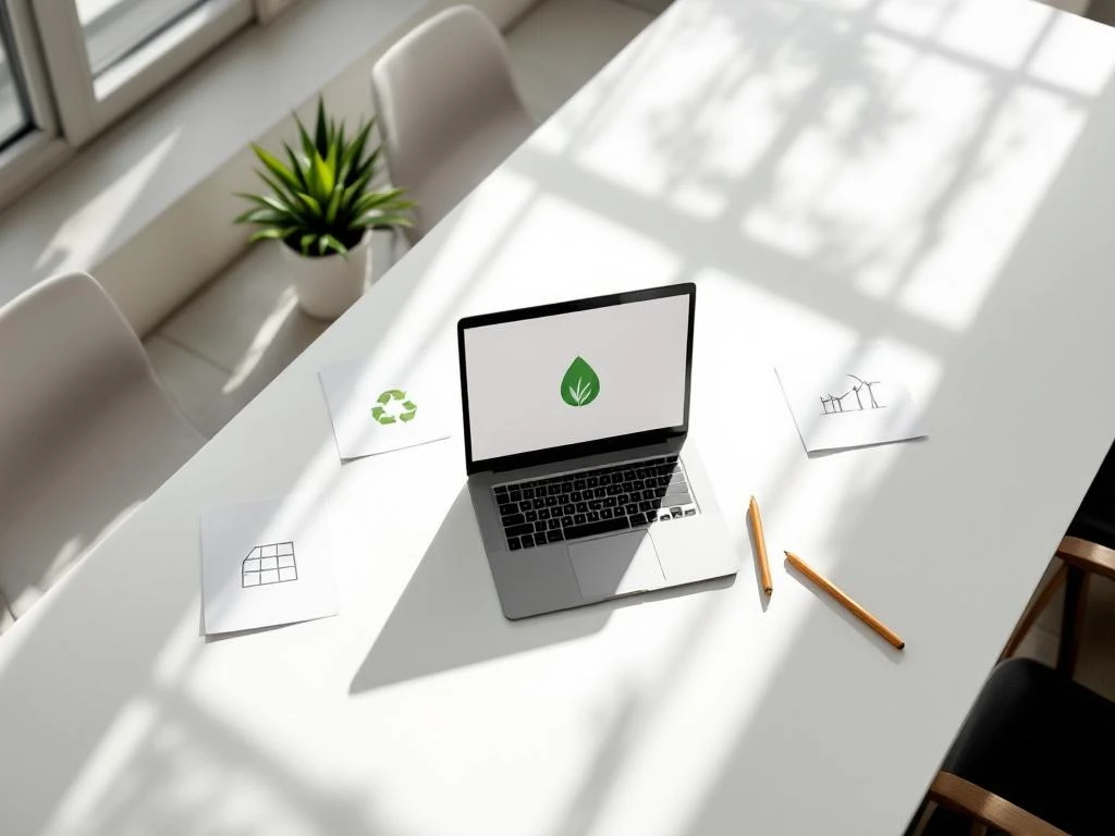Conference table with open laptop showing green leaf icon, sustainability documents with eco symbols, and bamboo pens in natural light.