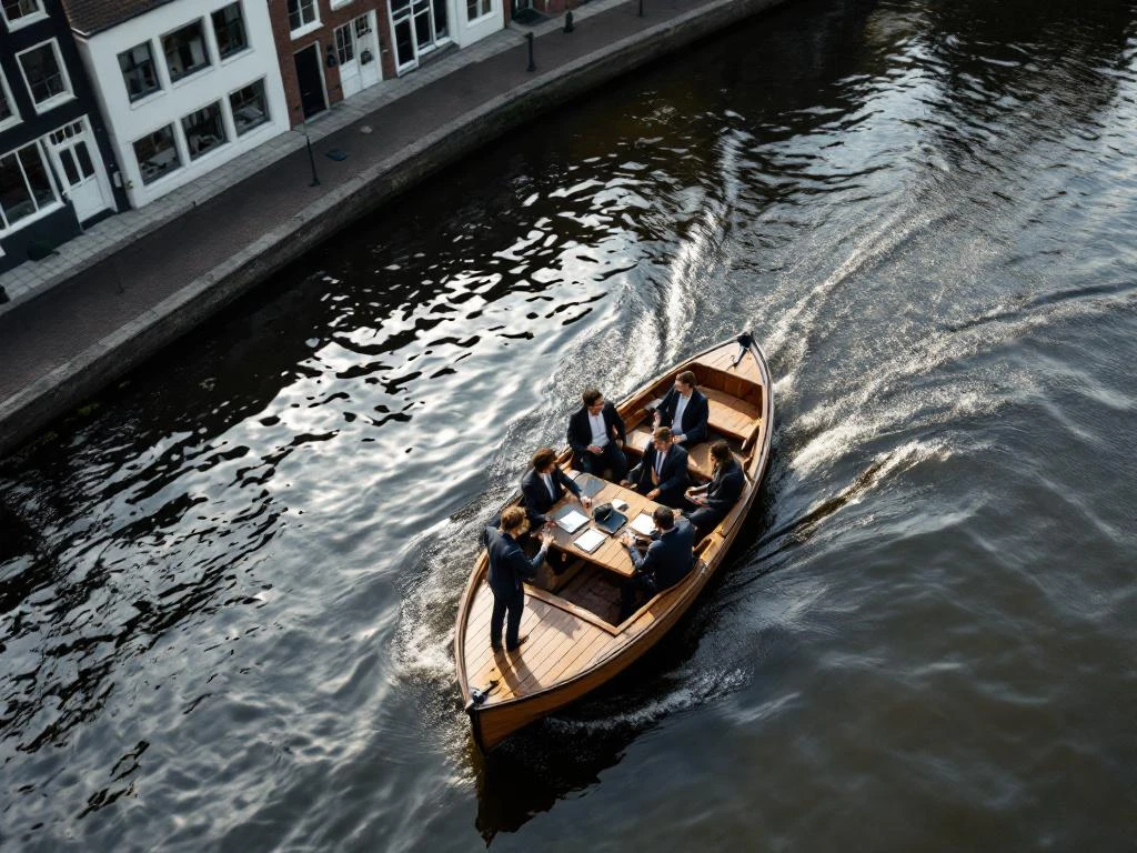 Business professionals on wooden boat during team-building activity in Amsterdam canal with traditional gabled houses