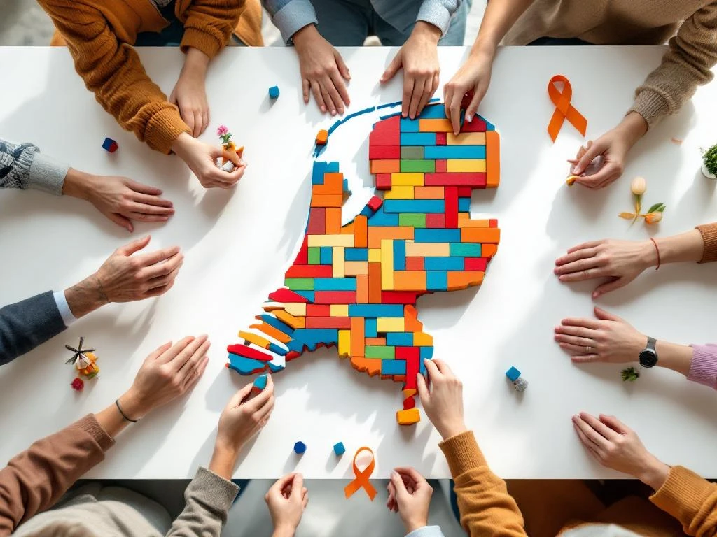 Diverse team members collaborating around white table, arranging colorful wooden blocks to form Netherlands map outline.
