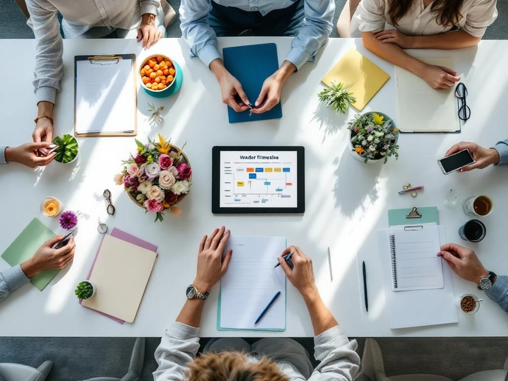 Modern conference table with organized vendor management sections including catering samples, floral arrangements, and audio equipment around central coordination tablet.