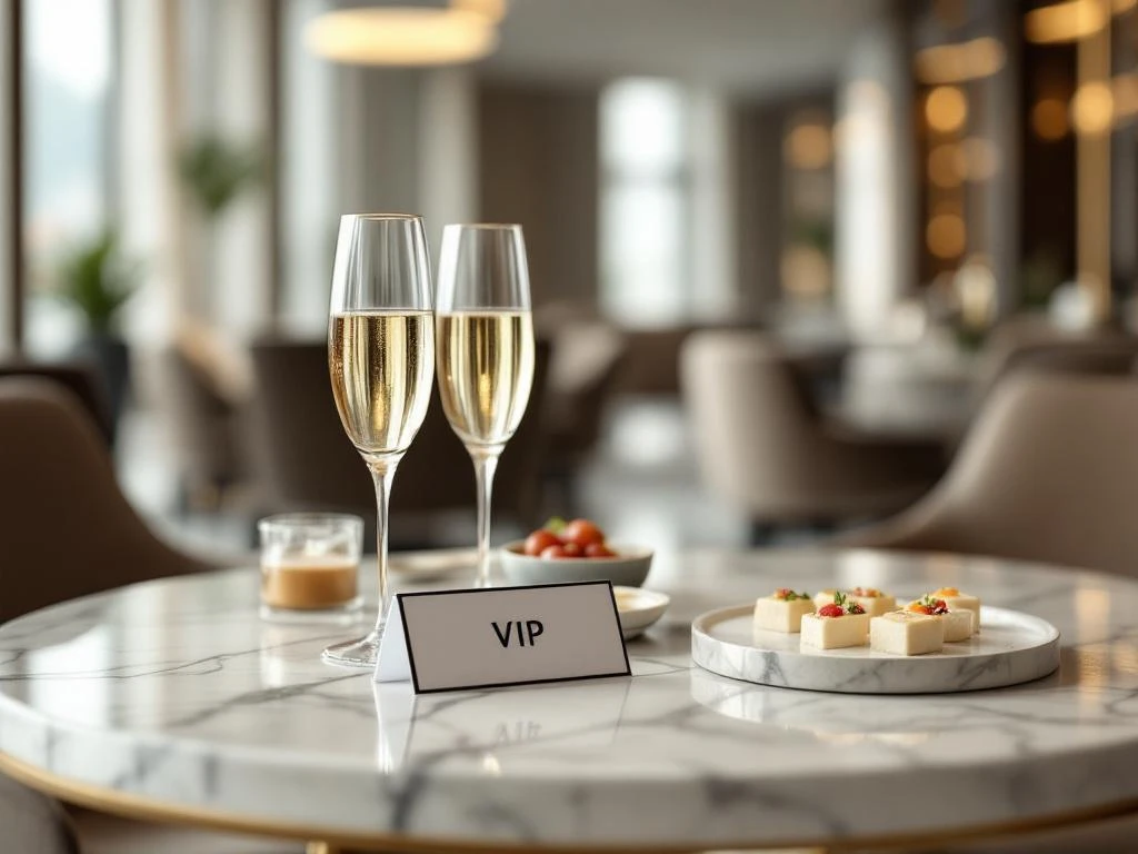VIP reception area with marble table, champagne glasses, canapés, and elegant lighting at corporate event venue