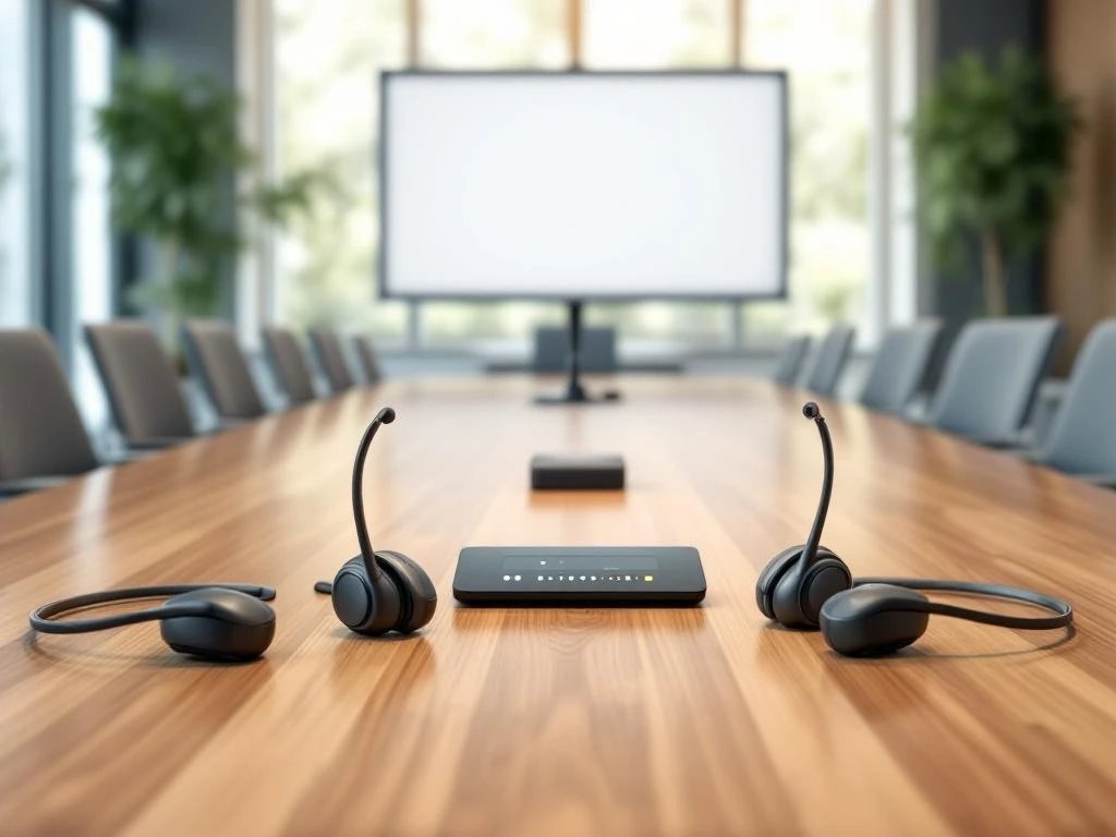 Modern conference room with wireless translation headsets and digital control panel on wooden table, empty chairs facing presentation area.