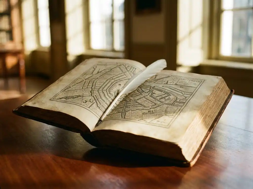 1600s leather-bound book open to Amsterdam canal maps on mahogany table with white quill pen in natural window light