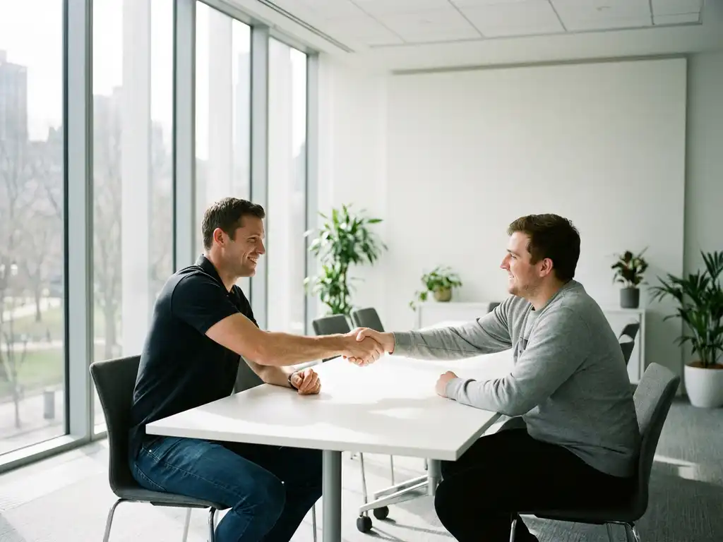 Professional athlete in casual clothes shaking hands with smiling fan at white table in modern conference room