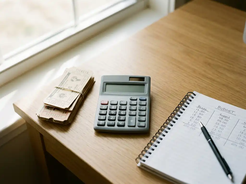 Calculator on wooden desk with sports tickets, pen, and open budget notebook in natural window light