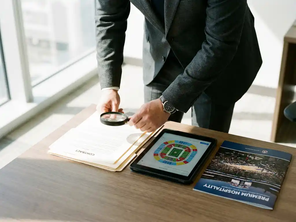 Business professional reviewing contract document at modern desk with tablet showing stadium seating charts and hospitality brochure