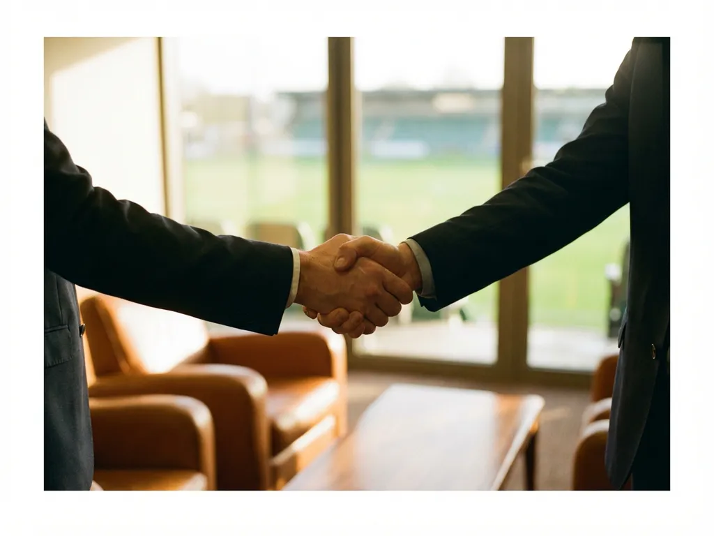 Two business professionals shaking hands in luxury stadium suite with leather seating and field view during golden hour.