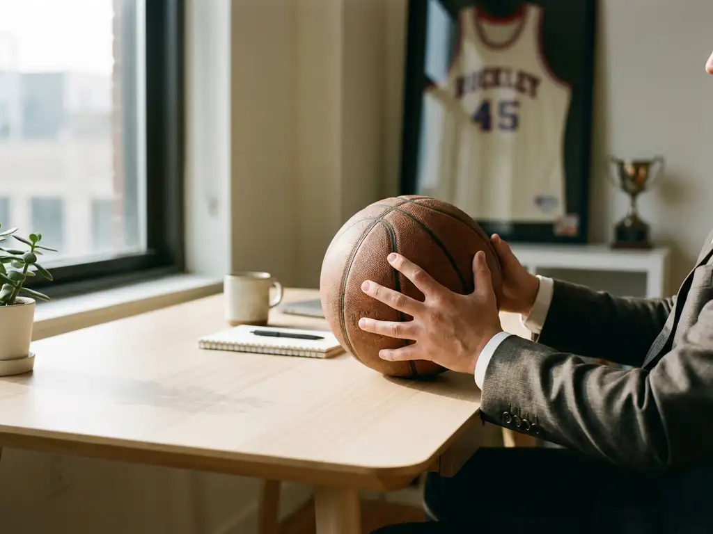 Business professional's hands holding basketball at modern office desk with sports memorabilia in background