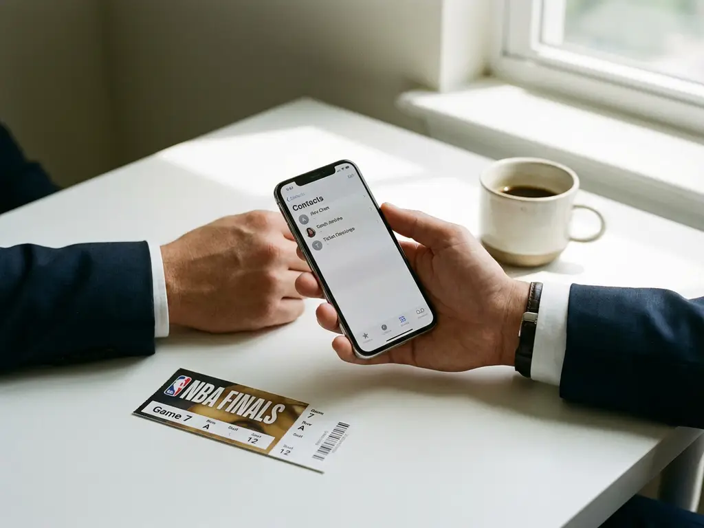 Business professional holding smartphone with contact list at minimalist desk with sports ticket and coffee cup