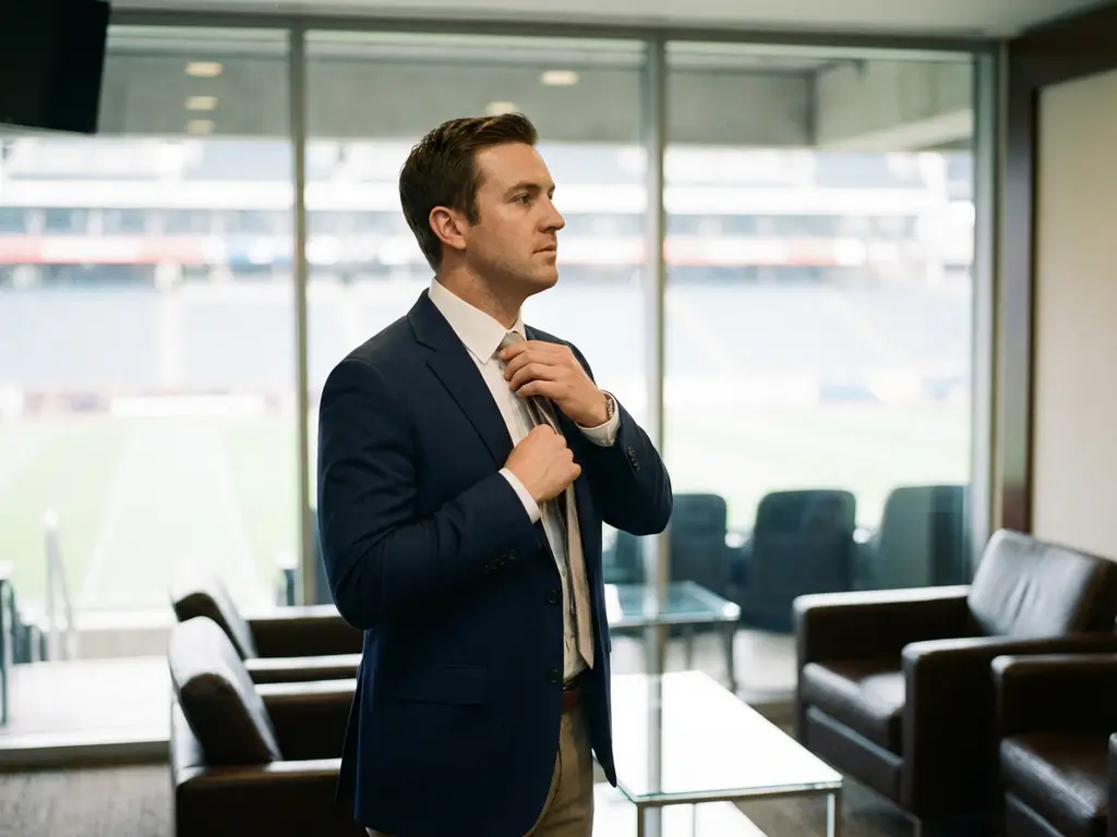 Businessman in navy blazer adjusting tie in luxury sports hospitality box overlooking stadium field