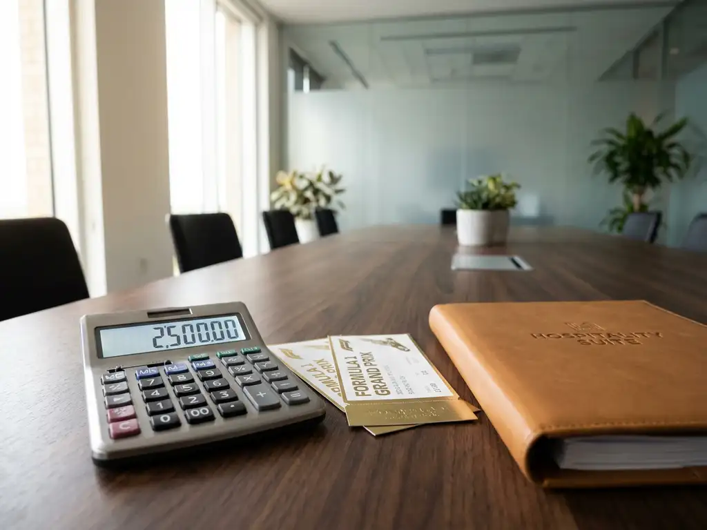 Calculator on wooden conference table with sports tickets and hospitality folder in bright corporate boardroom