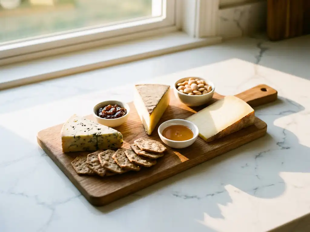 Wooden cheese board with aged cheeses, crackers, and accompaniments on white marble countertop in natural lighting.