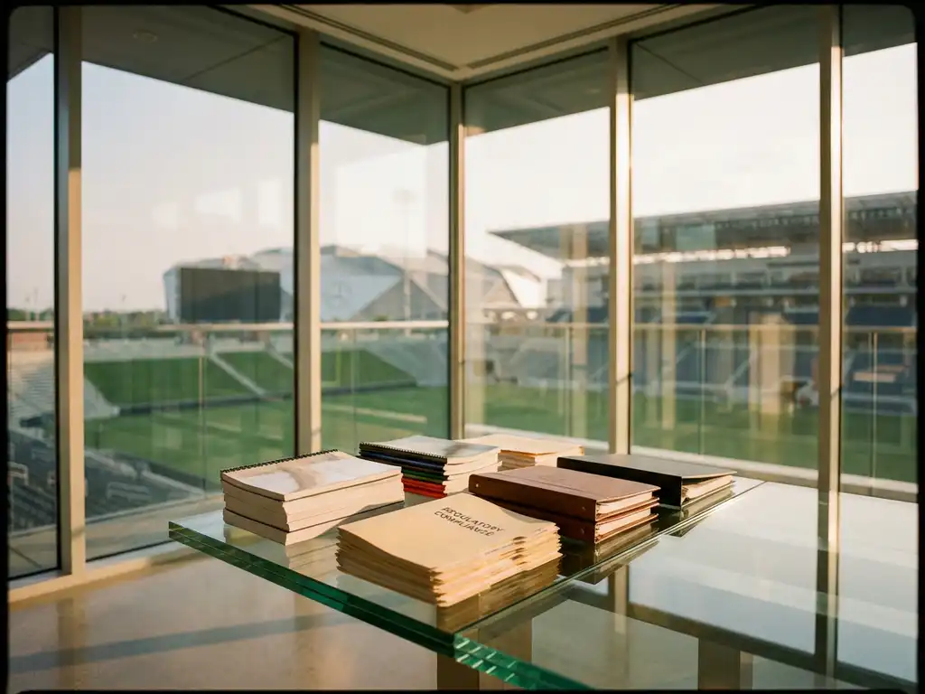 Compliance documents and legal folders on glass conference table with sports stadium visible through windows
