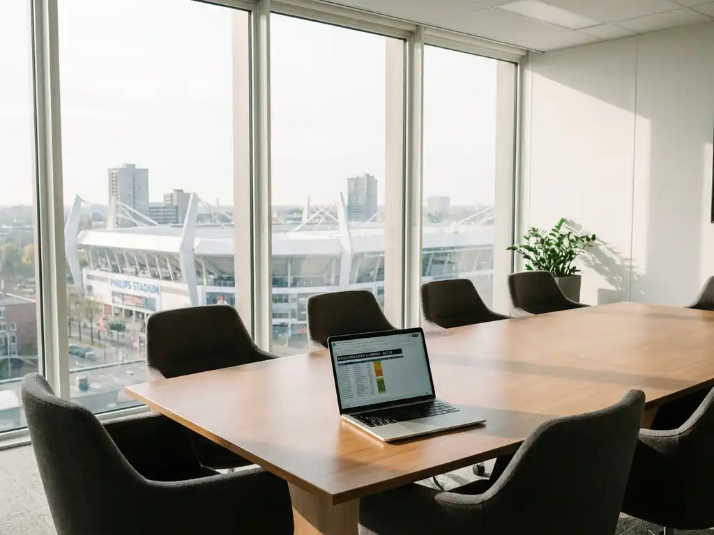 Modern conference room with open laptop on polished wood table, corporate chairs, and Eindhoven cityscape with Philips stadium view